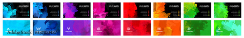 Big set of bright colorful business card template with vector watercolor black background	