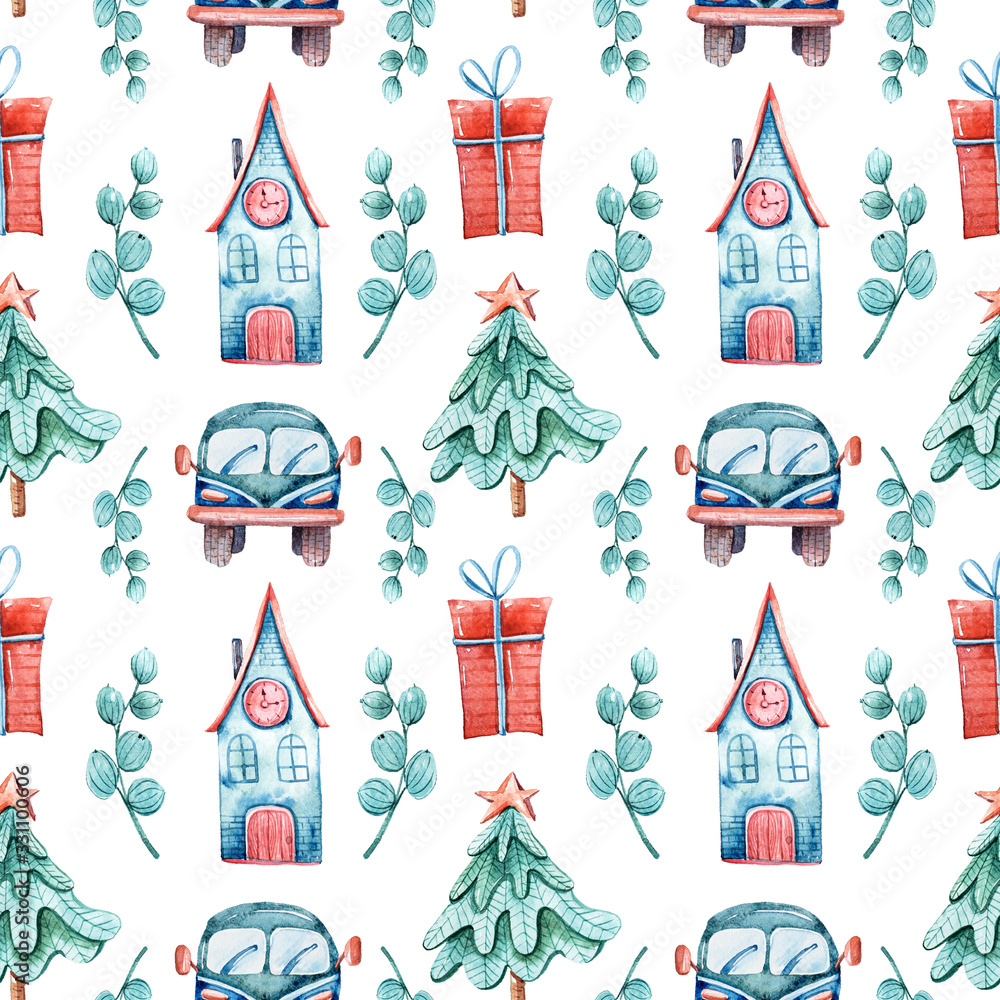 Watercolor colorful seamless Christmas pattern with Christmas tres, car, gift boxes. Perfect for wrapping paper, textile design, print, fabric, packaging, bus