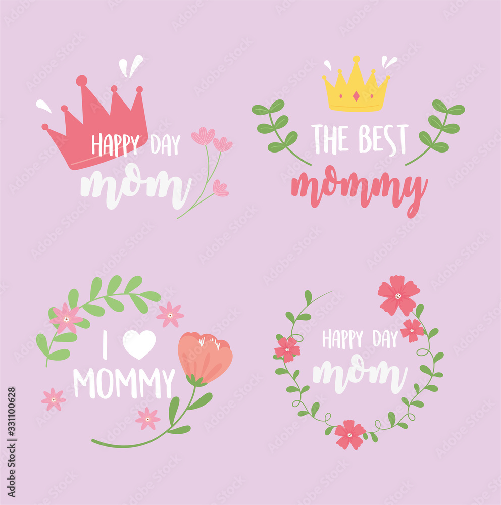 happy mothers day, inscriptions card flowers crown heart decoration design