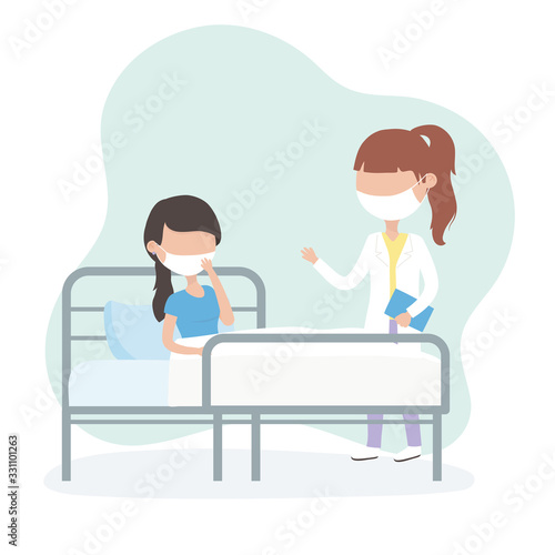 virus covid 19 quarantine, woman with mask in bed hospital doctor