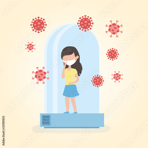 virus covid 19 quarantine, woman in quarantined tube safety