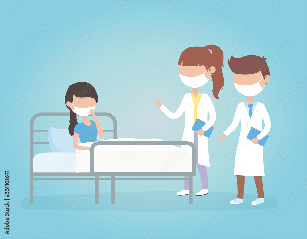 virus covid 19 quarantine, female and male doctor with sick woman wearing masks virus covid 19 quarantine, female and male doctor with sick woman wearing masks
