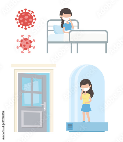 virus covid 19 quarantine, woman in hospital bed and quarantined tube