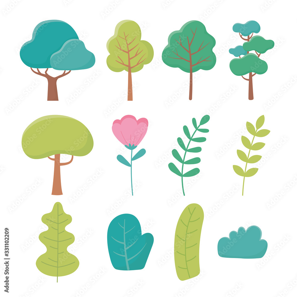 landscape trees flower branch bush foliage nature greenery icons