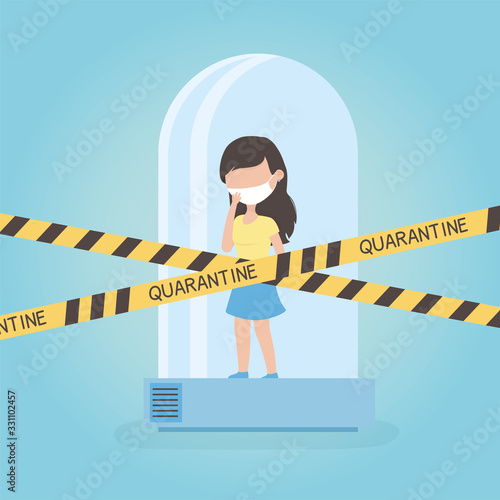 virus covid 19 quarantine, woman in quarantined tube safety tape restricted