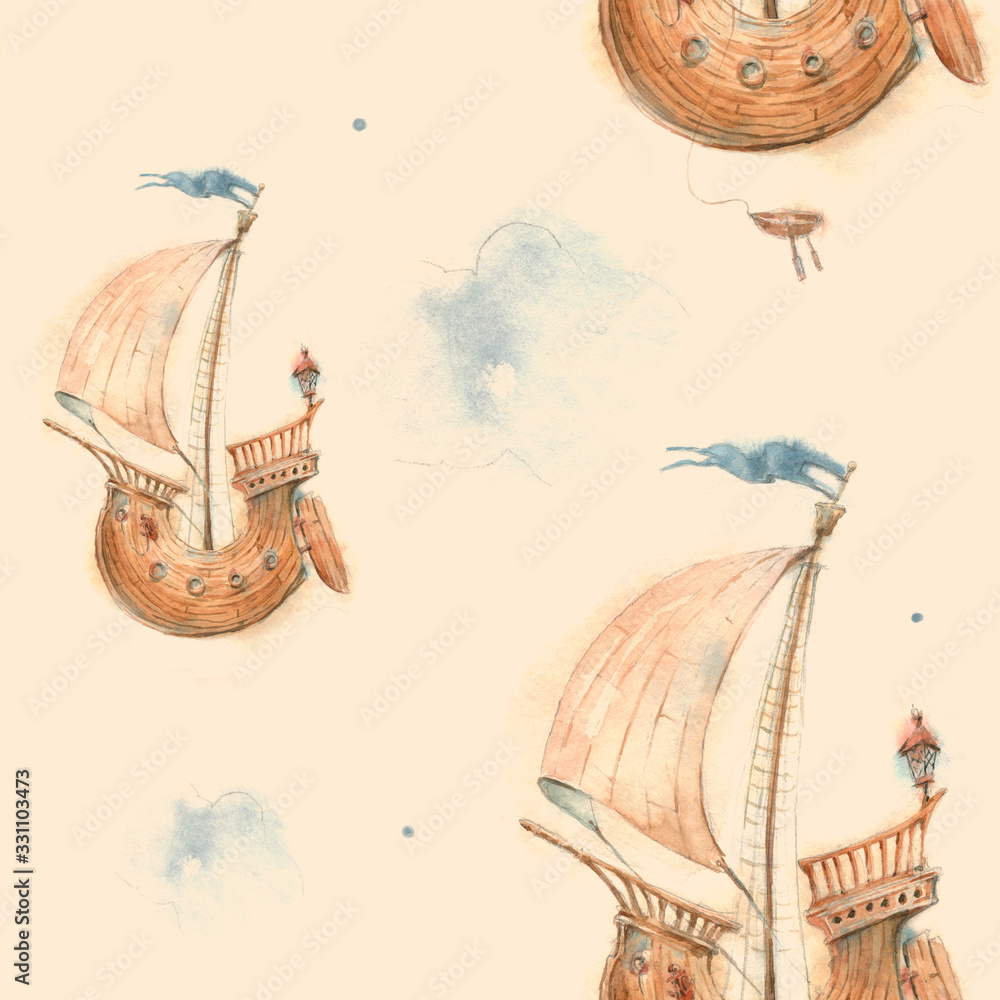 Fototapeta premium Seamless pattern with watercolor illustration of a magic flying ship.