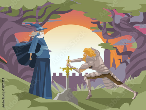 king arthur with excalibur in the rock and merlin wizard tale