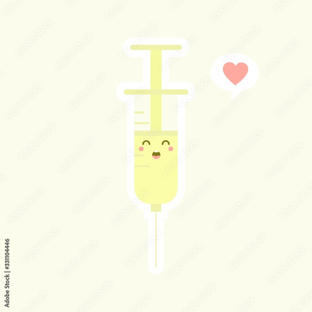 Cute and kawaii syringe. Vector flat cartoon character illustration icon design. Syringe, medical vaccine concept. can use for poster, element, mascot, emoji, emoticon for virus, corona virus covid-19