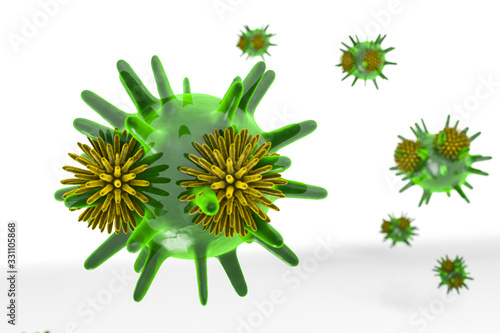 3d rendering of healthcare and medicine Concept. Green Virus mutated on white background. New viruses have yellow color Corona, influenza. covid-19