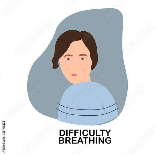 Sick girl with difficulty breathing on blue background. Concept of health, symptoms: difficulty breathing. Vector illustration isolated. Clean white background.