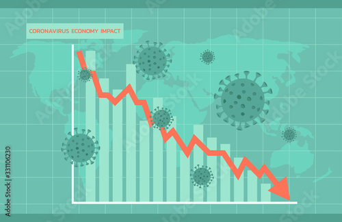 spreading of coronavirus or COVID-19 impact on global economy, stock market down and fall, financial crisis concept, vector flat illustration
