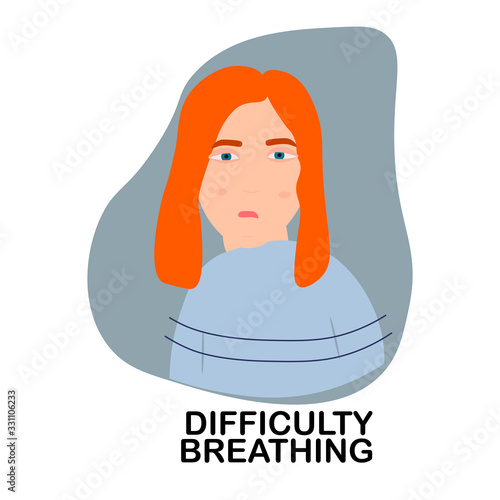  Sick girl with difficulty breathing on blue background. Concept of health, symptoms: difficulty breathing. Vector illustration isolated. Clean white background.