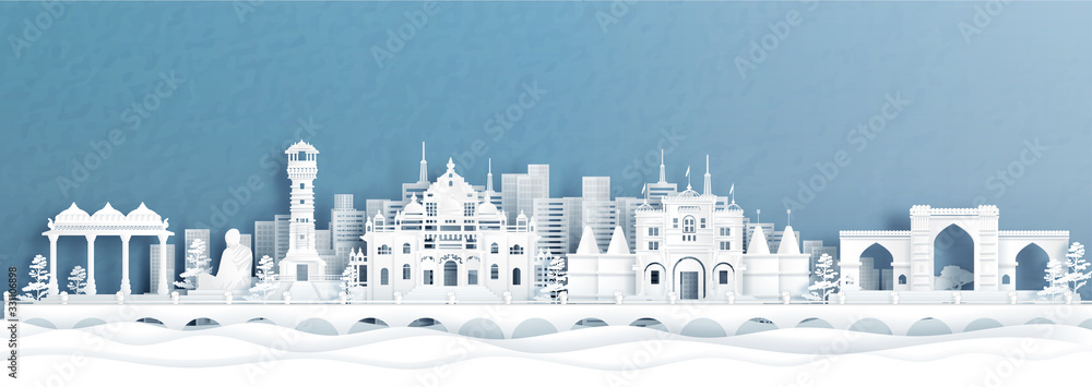 Panorama view of Ahmedabad skyline with India famous landmarks in paper cut style vector illustration.