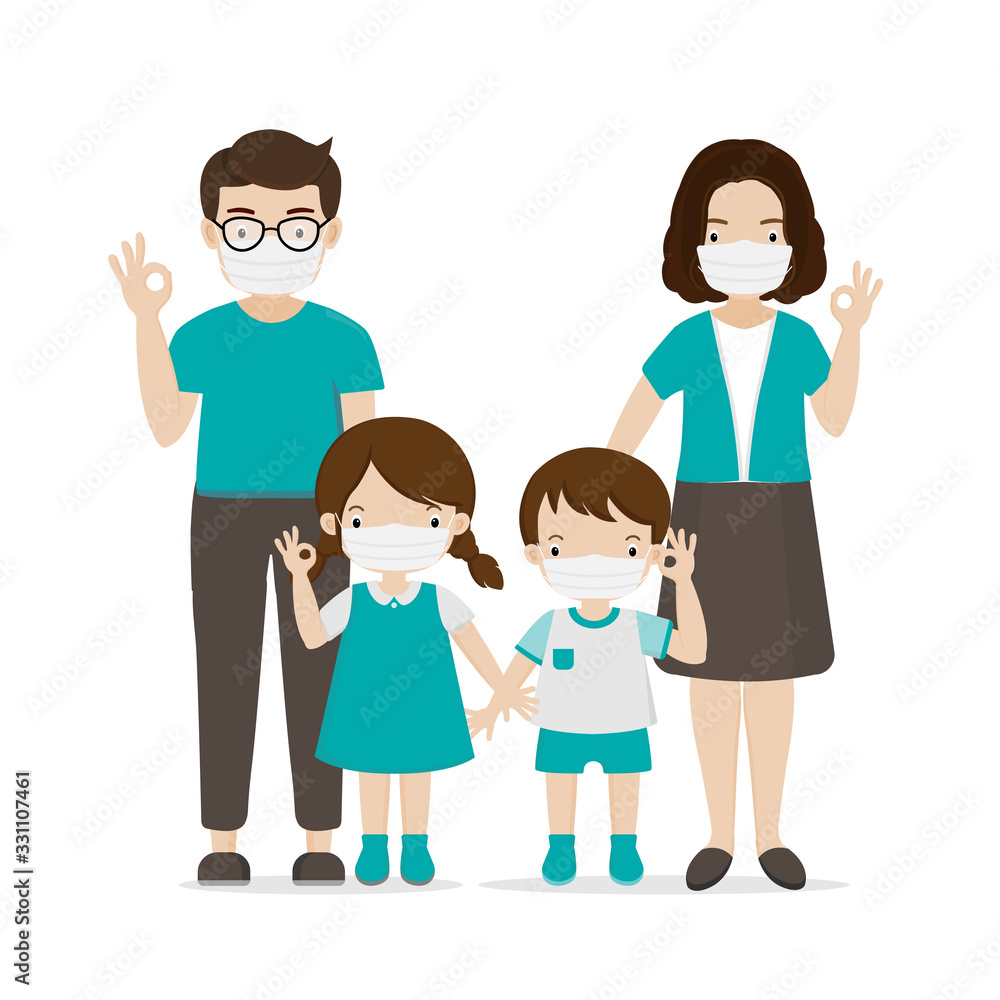 Dad Mom Daughter Son wearing a surgical mask. Dad Mom Daughter Son wearing a surgical mask.