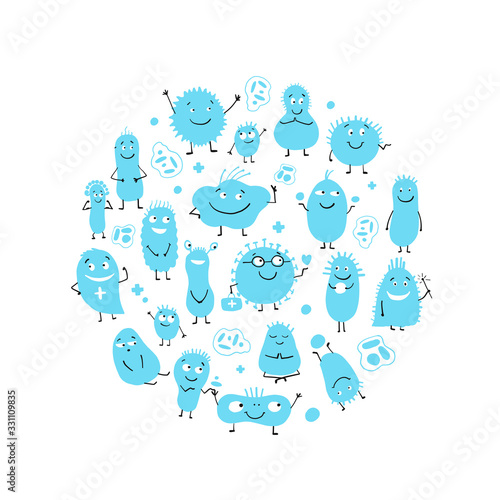 Funny and scary bacteria characters isolated on white. Circle frame background for your design. Vector icons of gut and intestinal flora, germs, virus.
