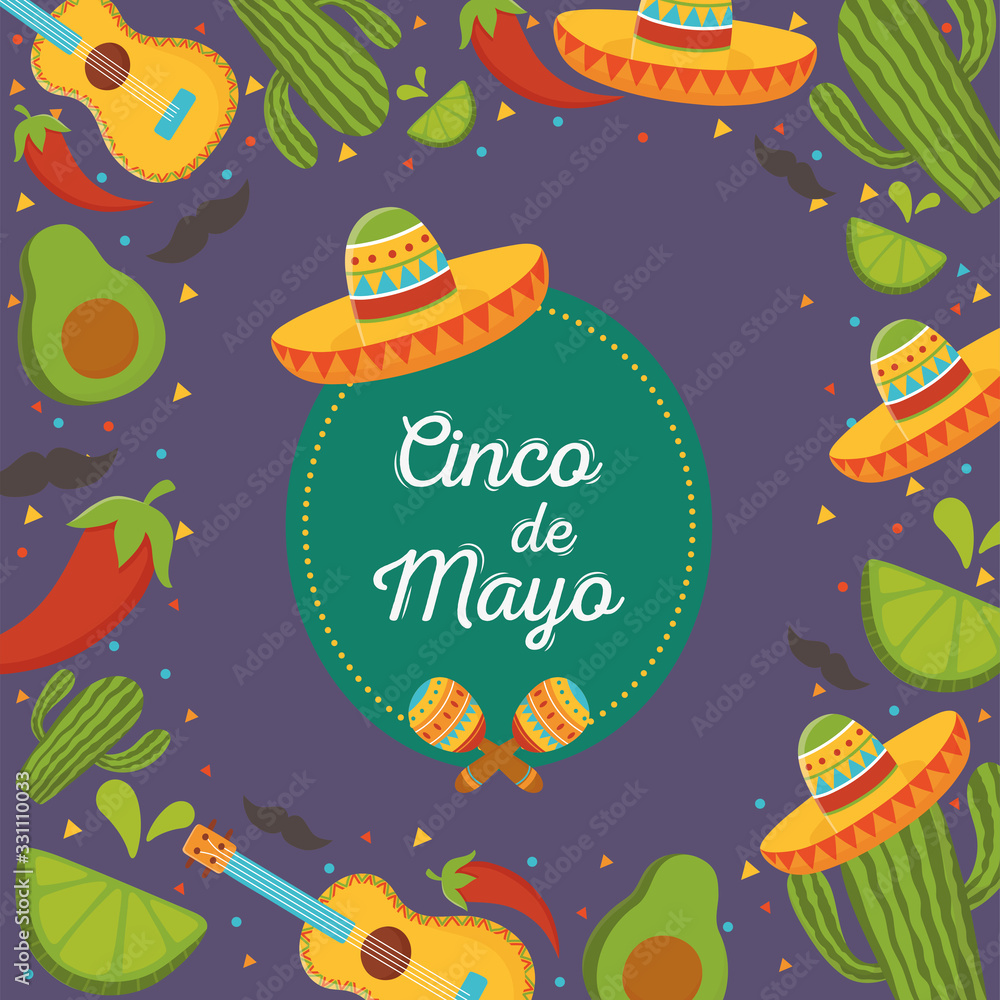 Fototapeta premium hat guitar pepper cactus cinco de mayo mexican celebration background