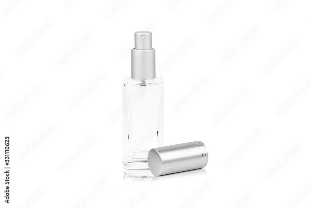 A mock up of empty container spray glass bottle is isolated on white color of background with clipping path.