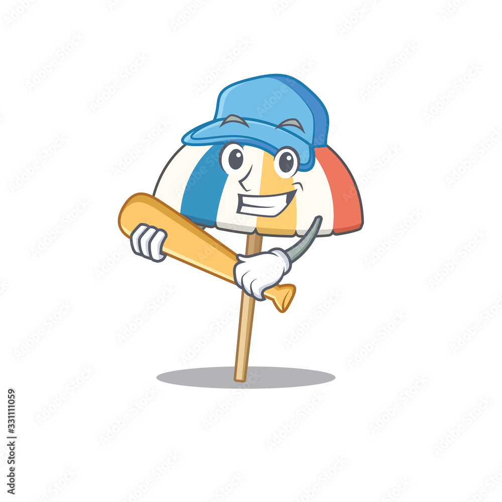 Mascot design style of beach umbrella with baseball stick