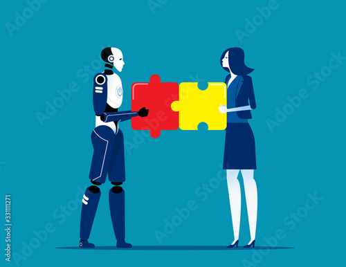 Artificial intelligence and human connect business relations. Robot vs Human