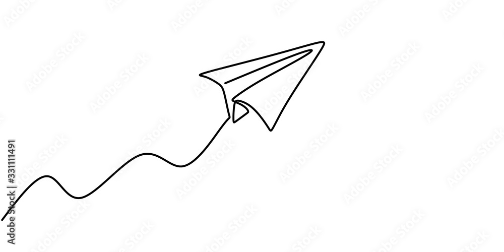 Paper plane drawing vector, continuous single one line art style isolated on white background. Minimalism hand drawn style. - obrazy, fototapety, plakaty 