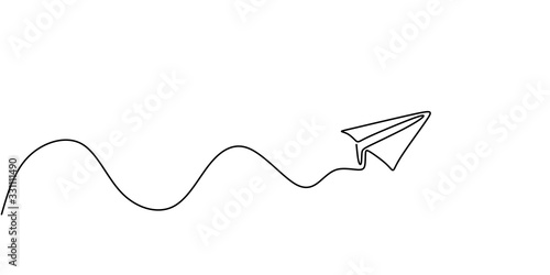 Paper plane continuous one line drawing, minimalism vector illustration. Symbol of creative and travel.