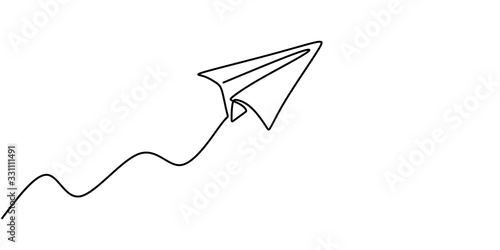 Paper plane drawing vector, continuous single one line art style isolated on white background. Minimalism hand drawn style.