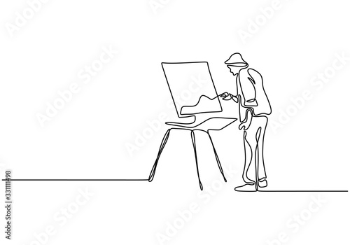 One line drawing of painter artist. A man standing painting an artwork on canvas. Continuous han drawn minimalism.