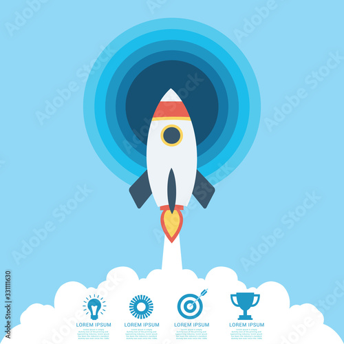 Rocket flying with icons of strategy, marketing, money and investment. Concept of business successful, growth strategy and investment in startup