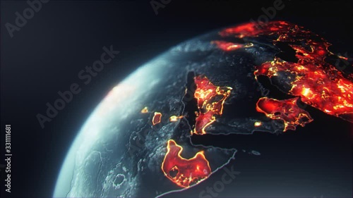 a representation of how the pandemic virus is spreading across the land, it is covering the globe with a burning effect, Europe, middle east, Africa, Asia.