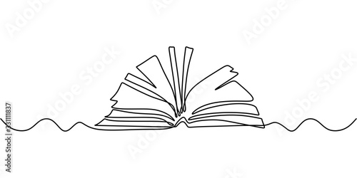 One line drawing, open book. Vector object illustration, minimalism hand drawn sketch design. Concept of study and knowledge.