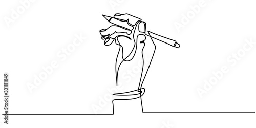One line drawing of hand holding a pen writing on a paper. Minimalism continuous sketch vector illustration, simplicity design style.