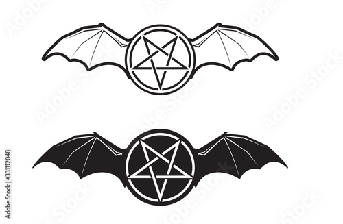 Pentagram with Demon Bat Wings Black and White Vector Graphic Icon with Inverse Version