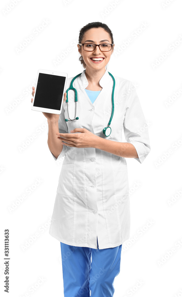 Portrait of young female doctor with tablet computer on white background Portrait of young female doctor with tablet computer on white background