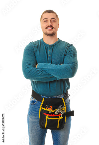 Handsome plumber on white b...