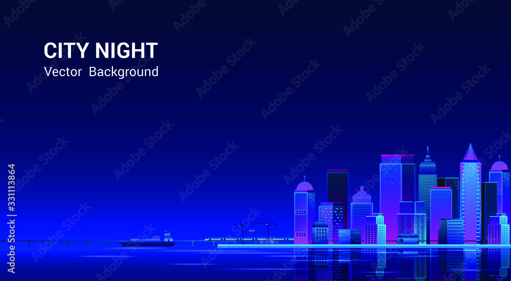 Night city panorama.Cityscape on a dark background with bright and glowing neon purple and blue lights. Wide highway side view. Cyberpunk and retro wave style Vector illustration.