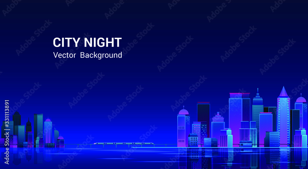 Fototapeta premium Night city panorama.Cityscape on a dark background with bright and glowing neon purple and blue lights. Wide highway side view. Cyberpunk and retro wave style Vector illustration.