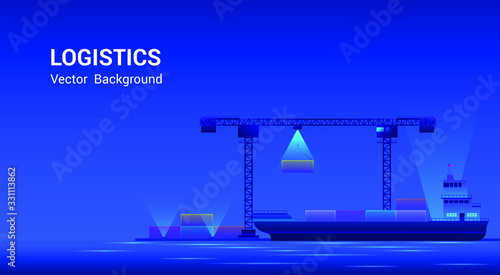 Metropolis seaport Sea Transportation Logistic. Skyscrapers on shore, cargo ship with shipping containers, Global business, international trade concept. vector illustration
