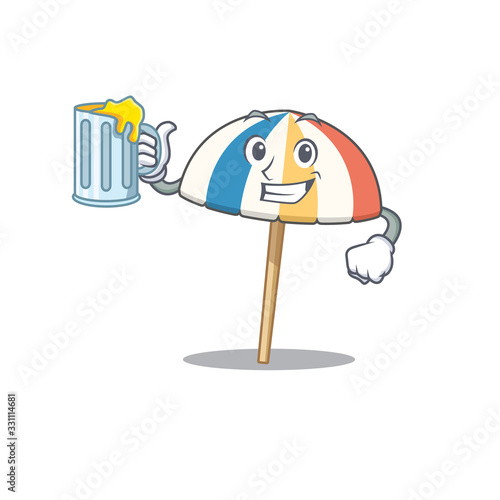 Cheerful beach umbrella mascot design with a glass of beer