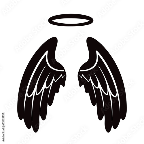 Angel Wing with Halo Black and White Vector Graphic Icon