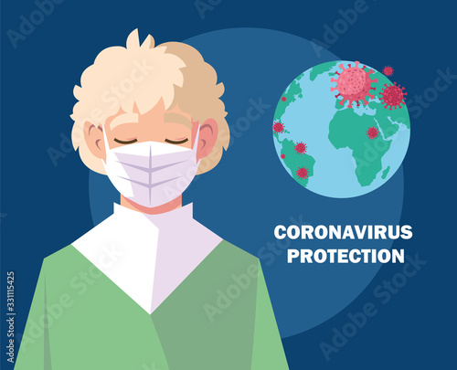 man with surgical mask, protection against coronavirus in public place