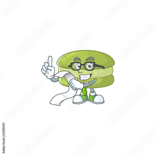 cartoon character of coconut macarons holding menu on his hand