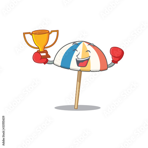 Happy face of boxing winner beach umbrella in mascot design style