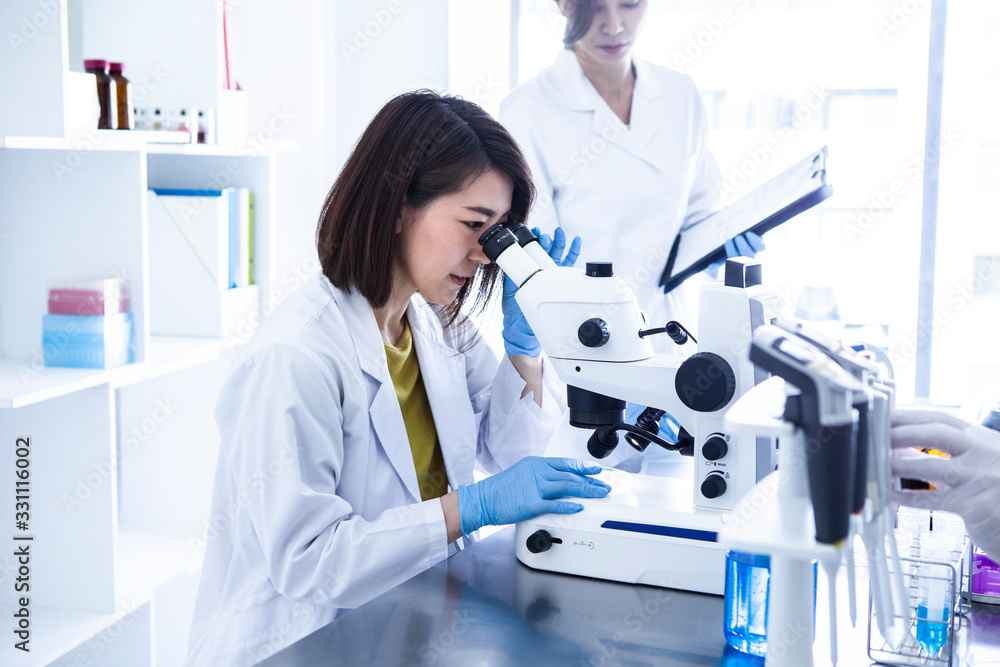 顕微鏡を覗き込む女性研究員 顕微鏡を覗き込む女性研究員