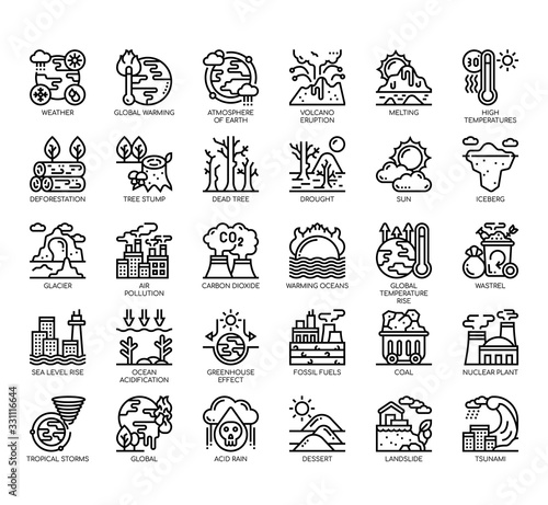 Set of climate change thin line and pixel perfect icons for any web and app project.