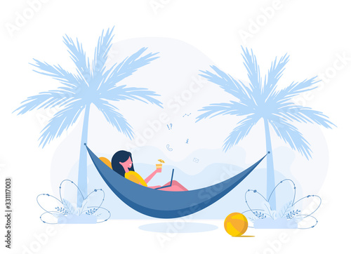 Womens freelance. Girl with laptop lies in hammock under palm trees with cocktail. Concept illustration for working outdoors, studying, communication, healthy lifestyle. Flat style.