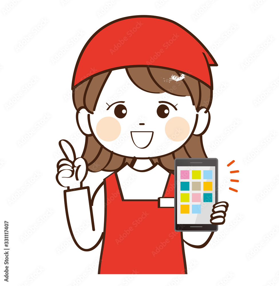 女性、店員、スマホ、説明