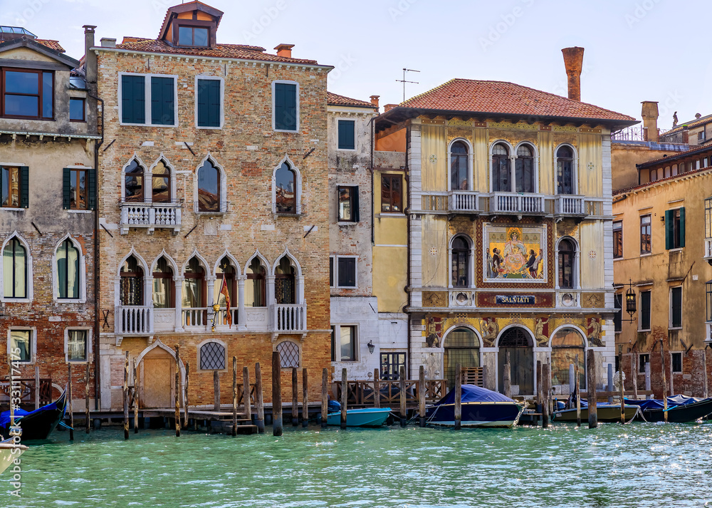 Gondolas along Grand Canal of Venice Italy