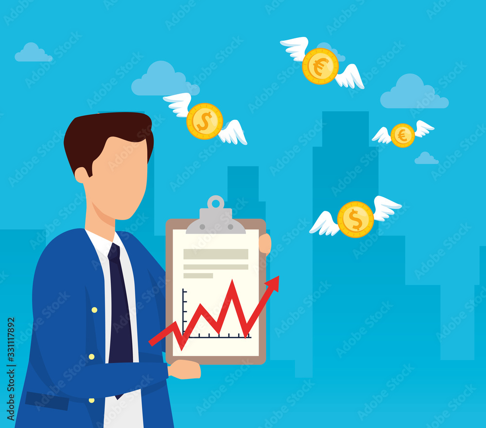 stock market crash with businessman and coins vector illustration design stock market crash with businessman and coins vector illustration design