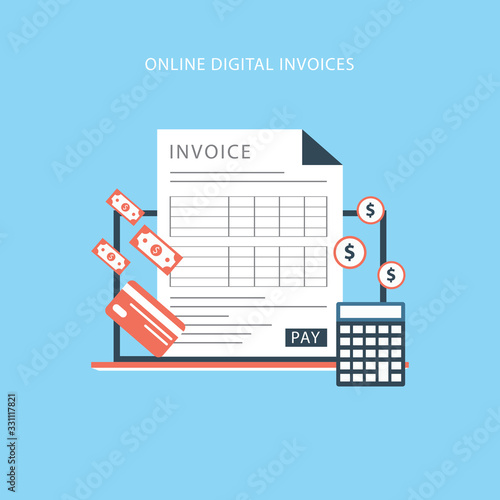 Online digital invoice laptop or notebook with bills,calculator and credit card, flat design