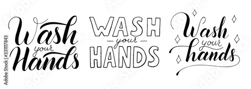 Wash your hands vector lettering text isolated on white background. Poster about hygiene. Restroom or bathroom print  toilet quote. Safety measure against viruses and bacteria. Hand drawn illustration